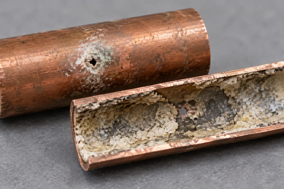 A short length of copper water pipe cut open lengthwise: a single pinhole through the outer wall and hard mineral scale lining the inside around it