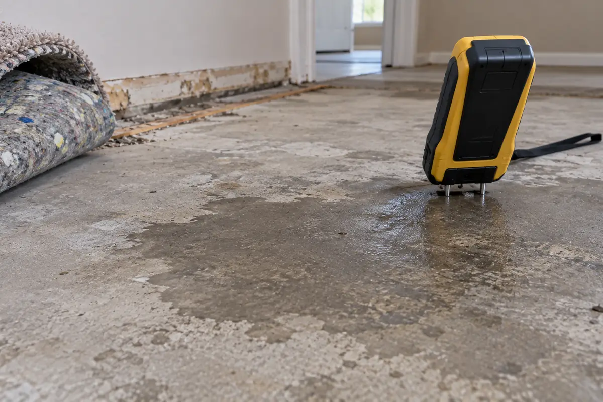 A moisture meter standing on a bare concrete slab with its probe pins set into the surface, beside a folded back corner of carpet pad and a damp patch fading outward into dry gray concrete