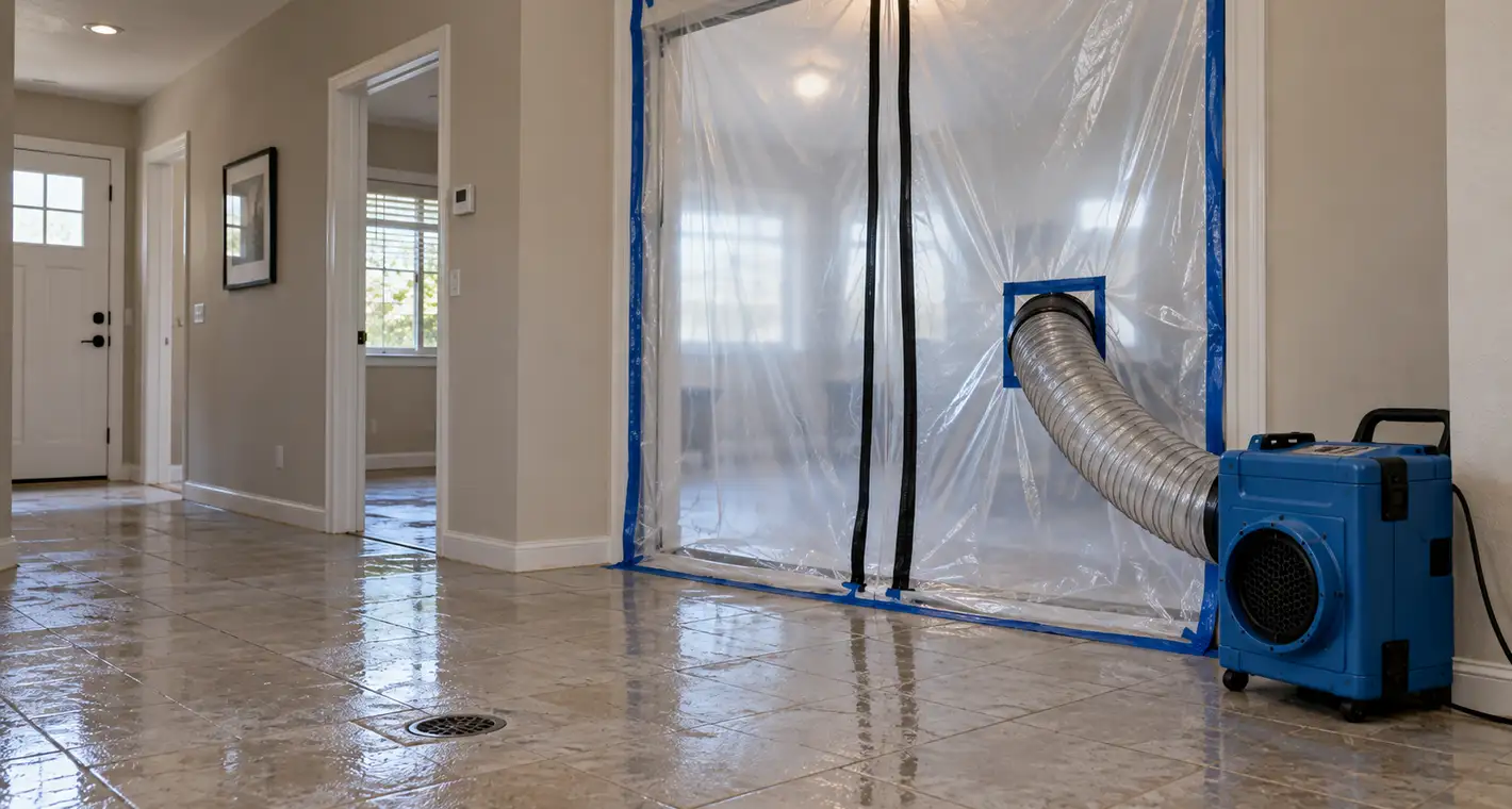 A doorway sealed floor to ceiling with containment plastic and a zippered slit, ducted to an air scrubber outside it, with the wet tiled floor and its floor drain in the foreground
