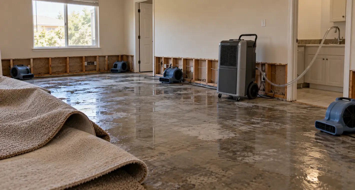 A room mid-dry-out: carpet pulled back off a bare slab, air movers along the walls, a dehumidifier running and the bottom band of drywall cut away to open the cavity