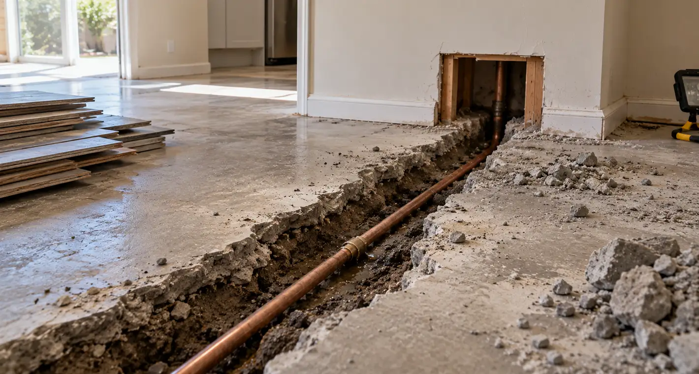 A narrow trench cut through a concrete slab floor inside a house, exposing the copper supply line running beneath it and the damp soil under one point on the pipe