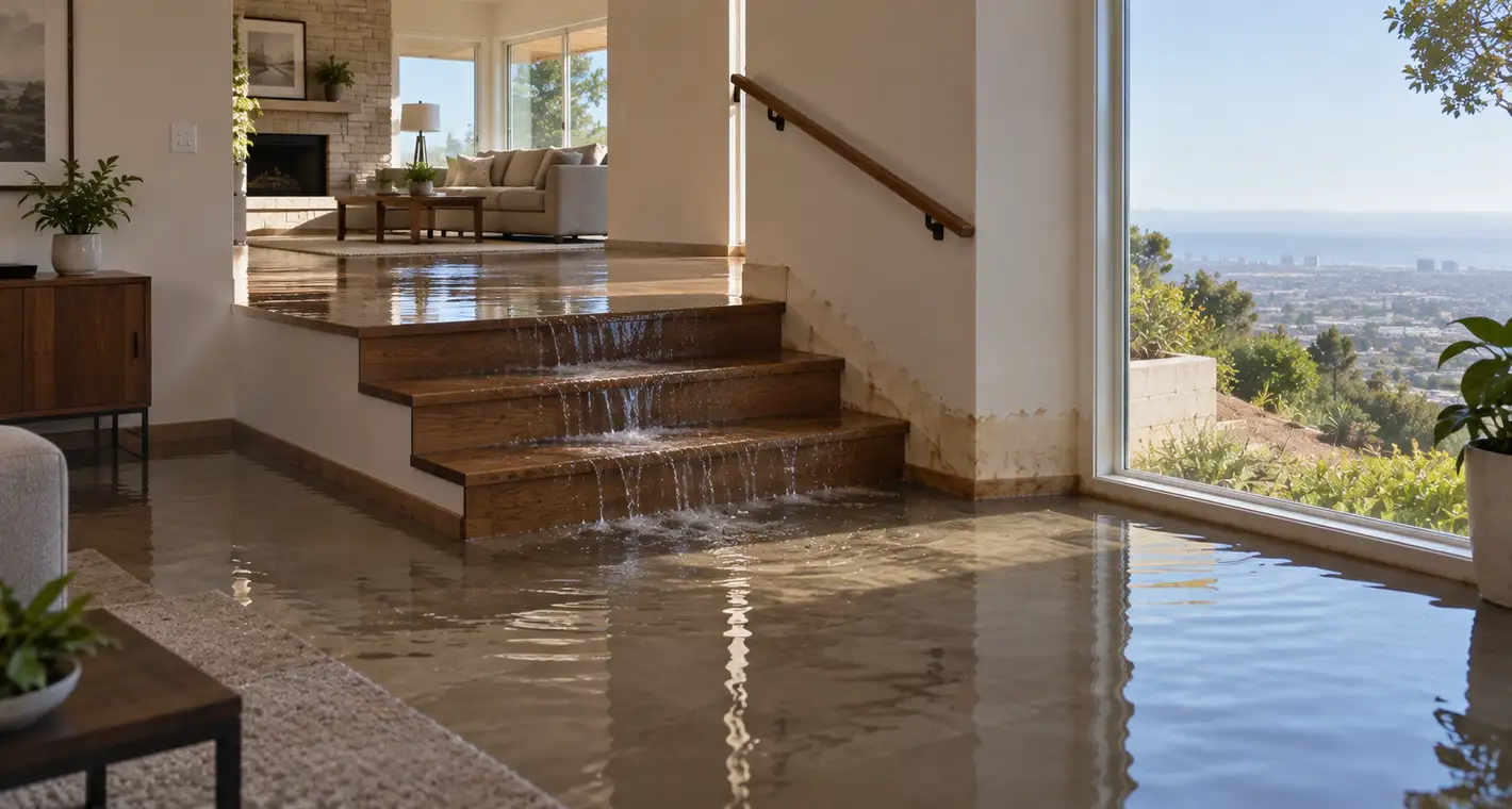 Water running down the steps of a split-level hillside house from an upper floor to the room below, the way a supply-line failure travels on graded ground like Rolling Hills Estates