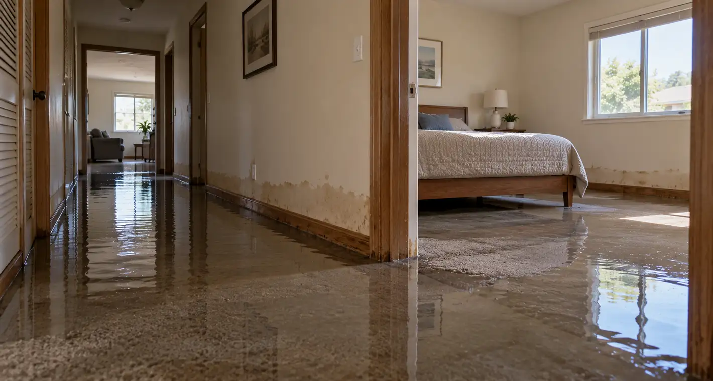 Water lying flat across the floor of a single-story house and spreading sideways from room to room with no step to stop it, the way a supply-line failure behaves on level ground like Compton